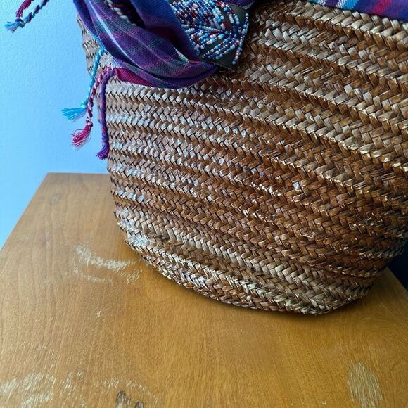 African Beaded Straw Bag Scarf Fringe Closure - Picture 13 of 16